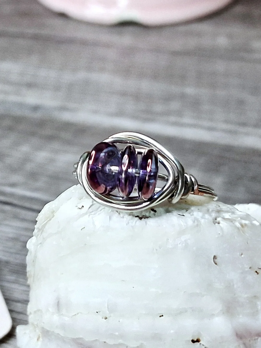 Silver Wire Ring with Purple Czech Glass Beads 6